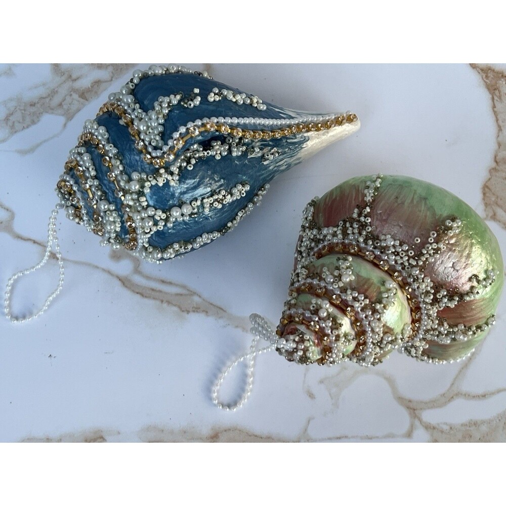 Large Jeweled Seashell Christmas Ornaments Pearl Beaded Rhinestone Coastal Pair - Picture 14 of 16